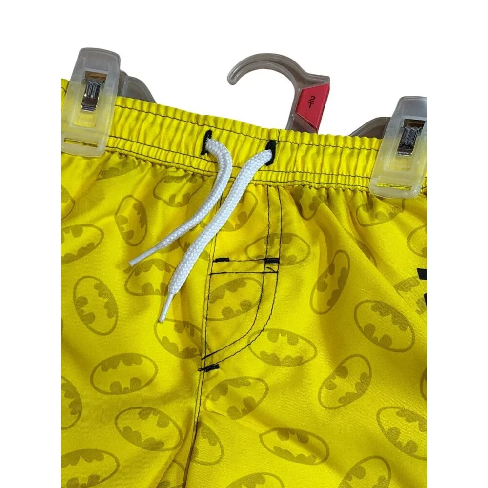 NWT Batman Elastic Toddler‎ Swim Trunks Yellow All Over Logo Print Drawstring 2T